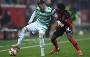 Josip Juranovic is challenged by Jeremie Frimpong