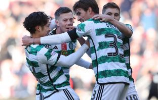 Tomoki Iwata of Celtic celebrates