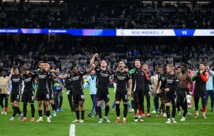 Kieran Tierney celebrates with his Arsenal teammates