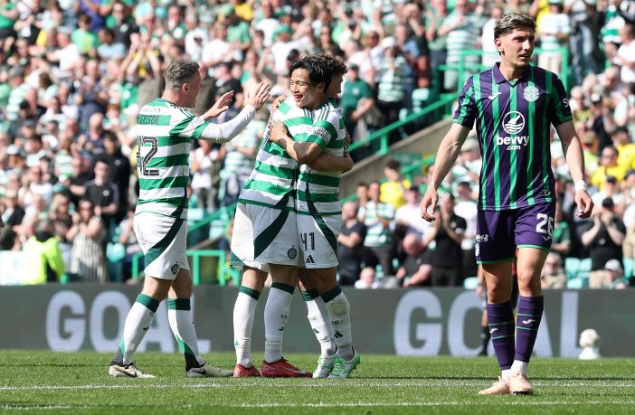 Reo Hatate of Celtic celebrates