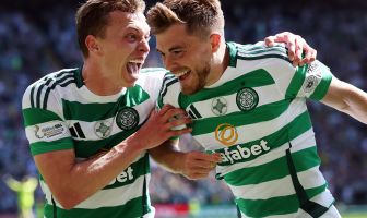 James Forrest of Celtic celebrates with Alistair Johnston