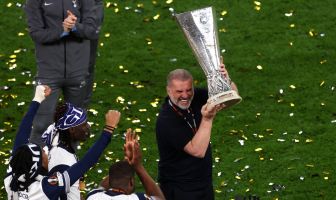 Ange Postecoglou lifts the Europa League Trophy