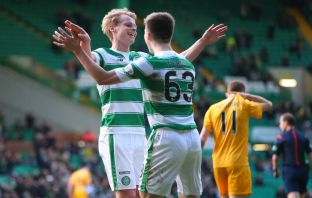 Gary Mackay-Steven of Celtic celebrates with Kieran Tierney