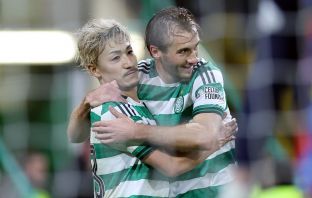 Daizen Maeda of Celtic celebrates with team mate Benjamin Nygren