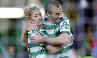 Daizen Maeda of Celtic celebrates with team mate Benjamin Nygren