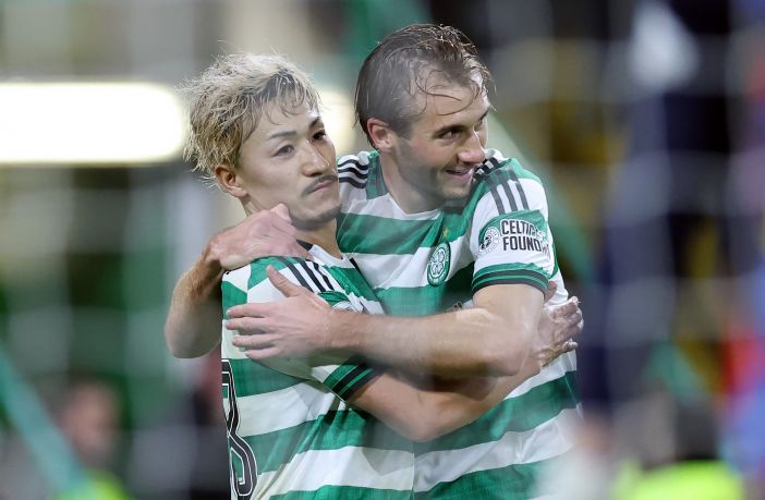 Daizen Maeda of Celtic celebrates with team mate Benjamin Nygren