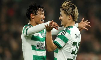 Reo Hatate of Celtic celebrates scoring