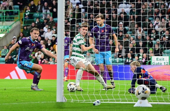 Johnny Kenny of Celtic has a chance on goal