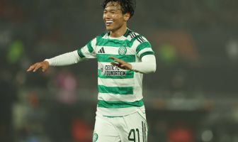 Reo Hatate of Celtic celebrates