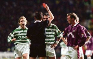 30/11/96 - CELTIC V HEARTS (2-2) Paolo Di Canio is ushered from the field by manager Tommy Burns (right) after receiving a red card following an altercation with Hearts midfielder Steve Fulton. Photo The Celtic Wiki