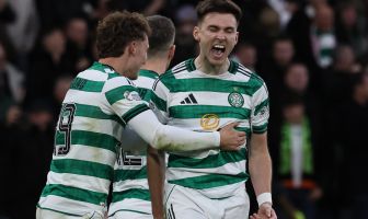 Kieran Tierney is delighted as Callum Osmand celebrates his goal.