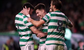 Kieran Tierney of Celtic celebrates scoring
