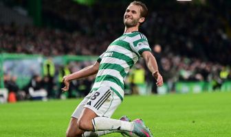 Benjamin Nygren of Celtic celebrates