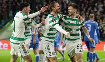 Benjamin Nygren of Celtic celebrates with Kieran Tierney
