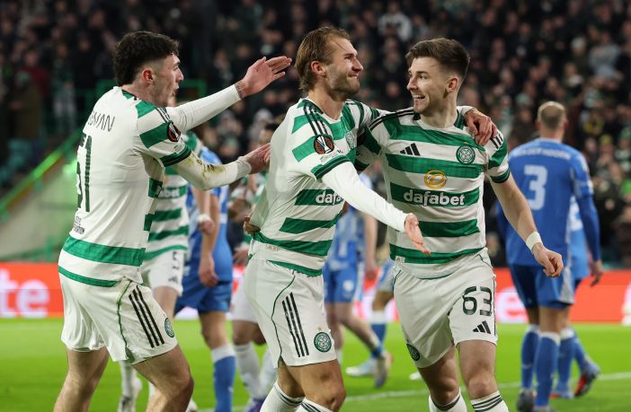 Benjamin Nygren of Celtic celebrates with Kieran Tierney