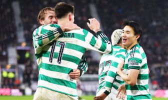 Tomas Cvancara, Benjamin Nygren and Hyunjun Yang of Celtic celebrate