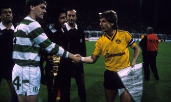 Roy Aitken (Celtic) and Frank Mill (BVB) shake hands before the Dortmund v Celtic second leg match in 1987.