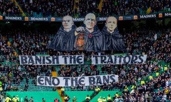 'Banish The Traitors - End the Bans banner in the crowd Celtic v Falkirk, Scottish Premiership, Celtic Park