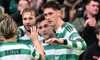 Tomas Cvancara of Celtic celebrates with Kieran Tierney