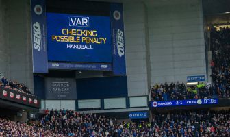 VAR Checking Possible Penalty on the screens at Ibrox