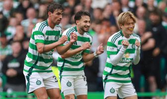 Matt O'Riley, Nicolas Kuhn and Kyogo celebrate