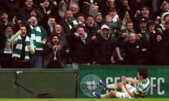 Yang celebrates scoring Celtic's third goal against Motherwell