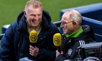 Neil Lennon jokes with Martin O'Neill after Celtic's 6-2 Scottish Cup semi-final win against St Miren at Hampden.