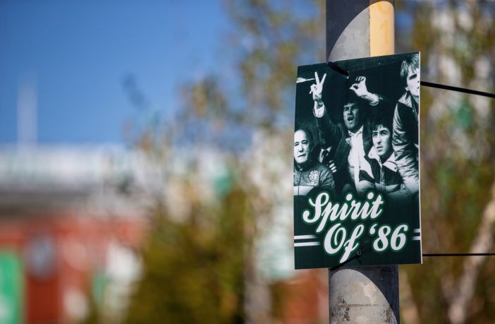 Spirit of '86 - Celtic team's welcome to Paradise. Saturday 25 April 2026. Celtic v Falkirk. Scottish Premiership. Photo Photograph by Vagelis Georgariou
