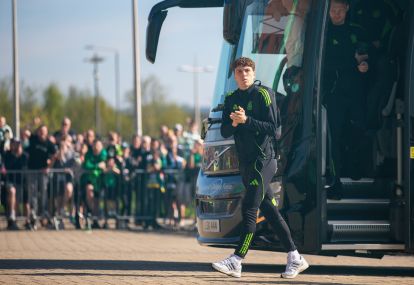 Spirit of '86 - Celtic team's welcome to Paradise. Saturday 25 April 2026. Celtic v Falkirk. Scottish Premiership. Photo Photograph by Vagelis Georgariou