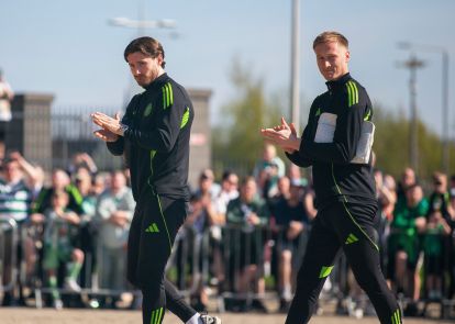 Spirit of '86 - Celtic team's welcome to Paradise. Saturday 25 April 2026. Celtic v Falkirk. Scottish Premiership. Photo Photograph by Vagelis Georgariou