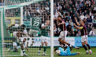 Warren O'Hora of Hibernian scores an own goal